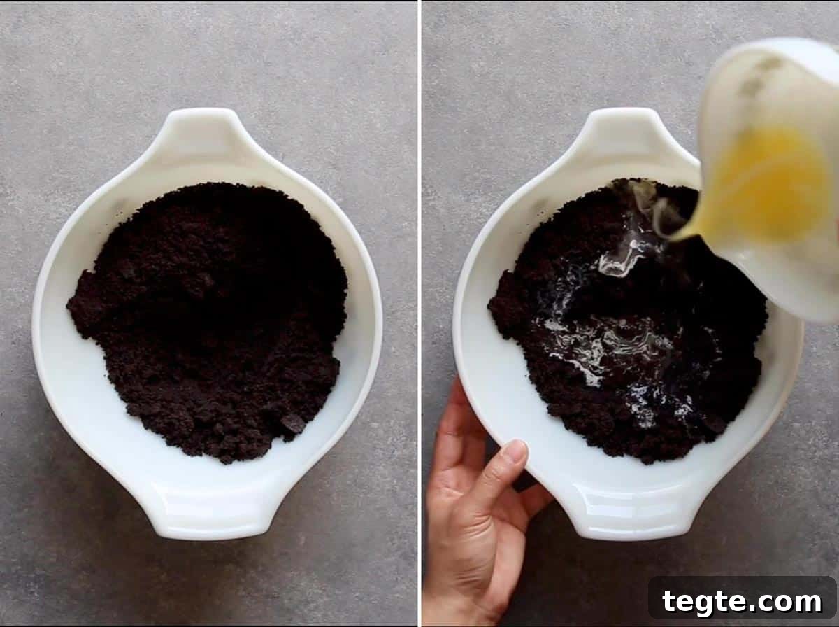Making Oreo crust with Oreo crumbs and butter. Making Oreo crust with Oreo crumbs and butter.