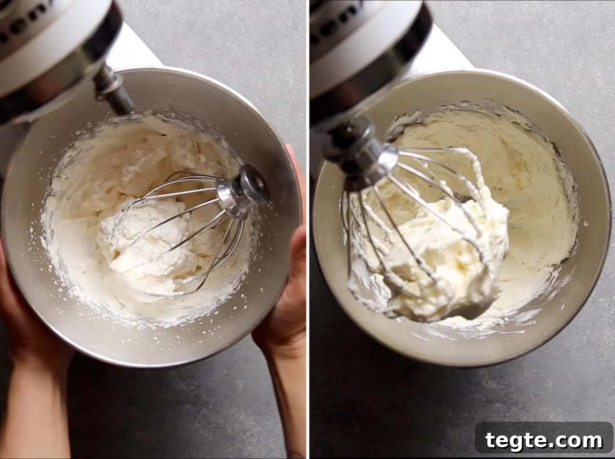 Collage of 2 photos showing whipped cream and beaten cream cheese. Collage of 2 photos showing whipped cream and beaten cream cheese.