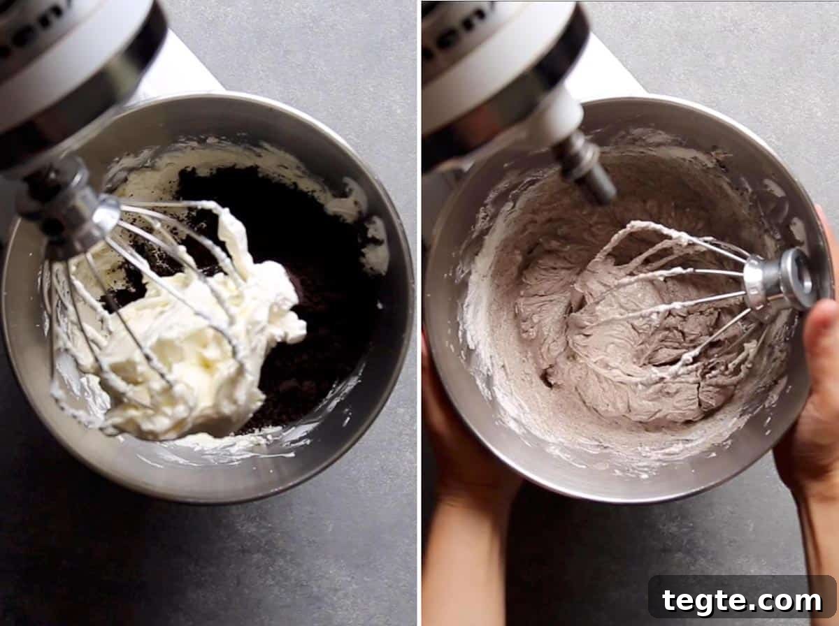 Stirring whipped cream, cream cheese and Oreo crumbs together. Stirring whipped cream, cream cheese and Oreo crumbs together.