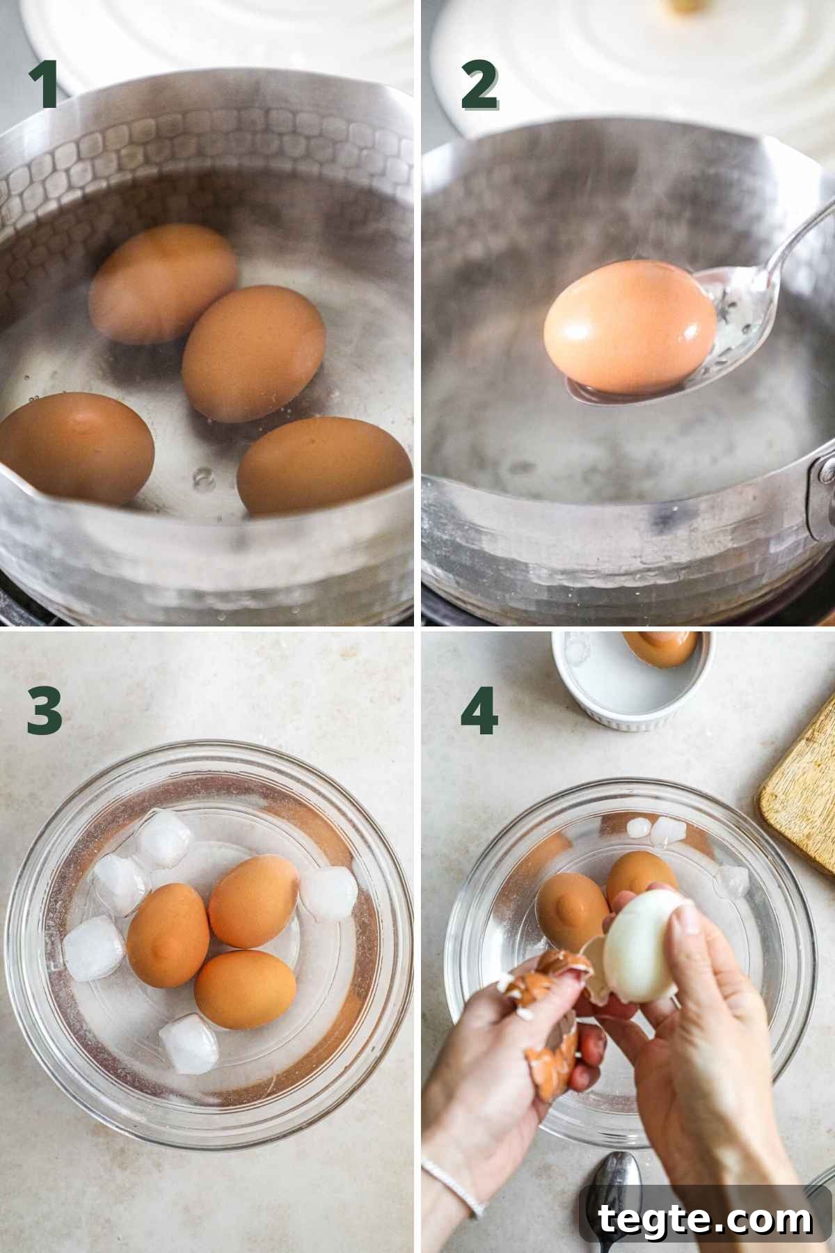 Classic Creamy Egg Salad Recipe — Fast Homemade Sandwich Filling 3 Steps to make easy and simple egg salad, including soft boiling and hard-boiling eggs, chilling eggs in an ice bath, and peeling the eggs.