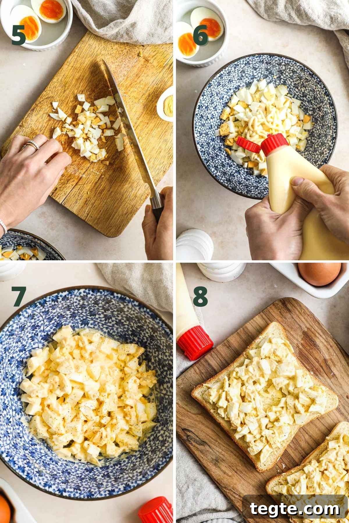 Classic Creamy Egg Salad Recipe — Fast Homemade Sandwich Filling 4 Steps to make easy and simple egg salad, including chopping the hard-boiled eggs, mixing in mayo and seasoning, and serving.