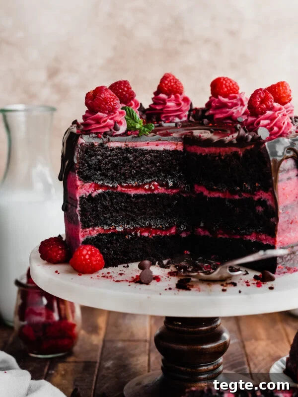 Eggless Chocolate Cake with Decadent Chocolate Fudge Frosting 11 Sliced open chocolate raspberry cake on a cake stand.
