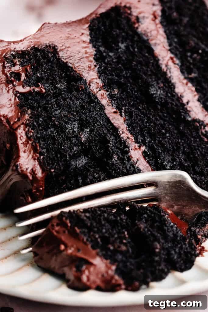 Eggless Chocolate Cake with Decadent Chocolate Fudge Frosting 3 A close-up on a fork digging into a slice of the cake.