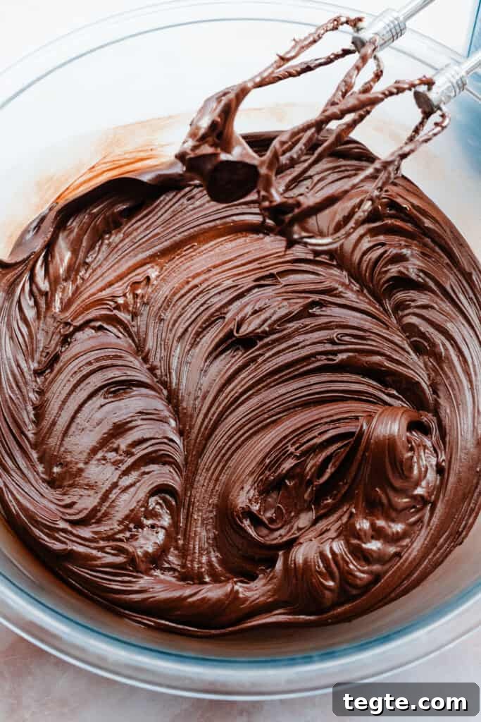 Eggless Chocolate Cake with Decadent Chocolate Fudge Frosting 7 A bowl of the luscious chocolate fudge frosting.
