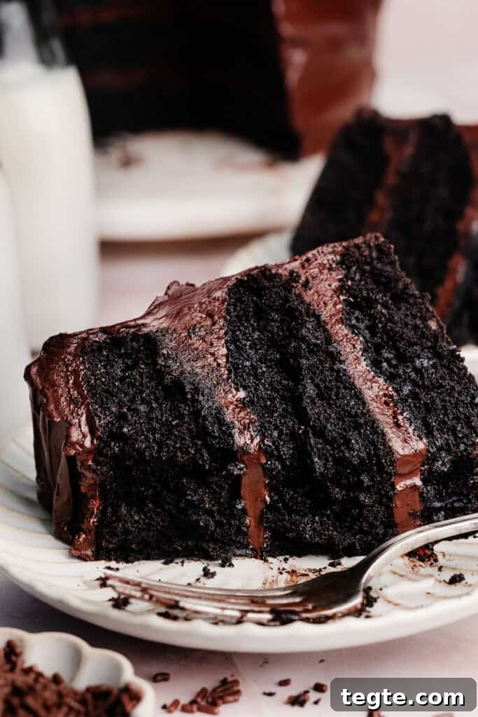Eggless Chocolate Cake with Decadent Chocolate Fudge Frosting 10 A thick slice of cake on a plate, with a few bites missing.