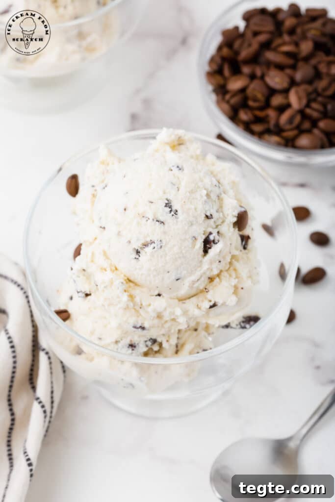 a glass dish of java chip ice cream next to a bowl of coffee beans.