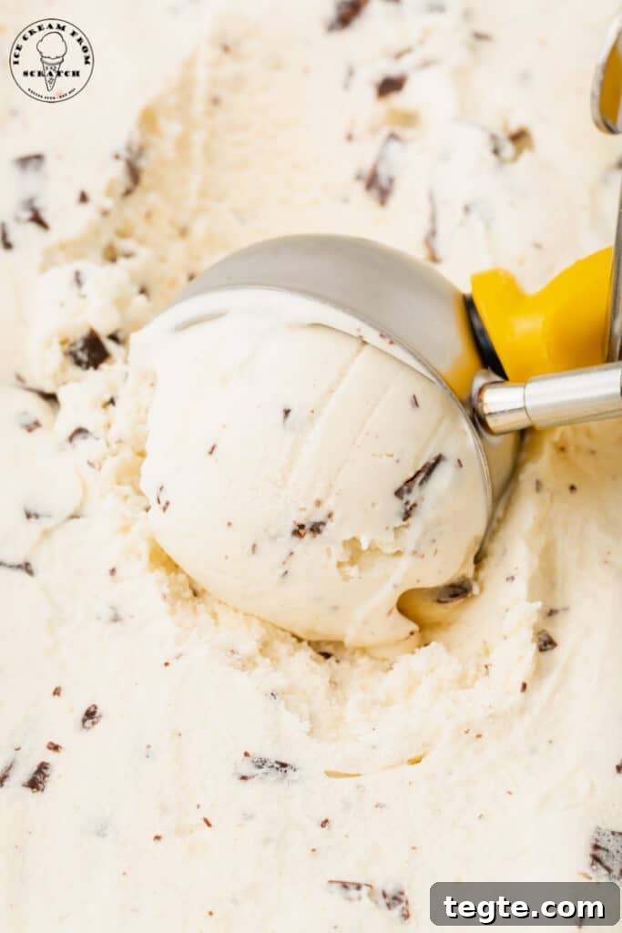 java chip ice cream being scooped with a vintage style metal ice cream scoop.