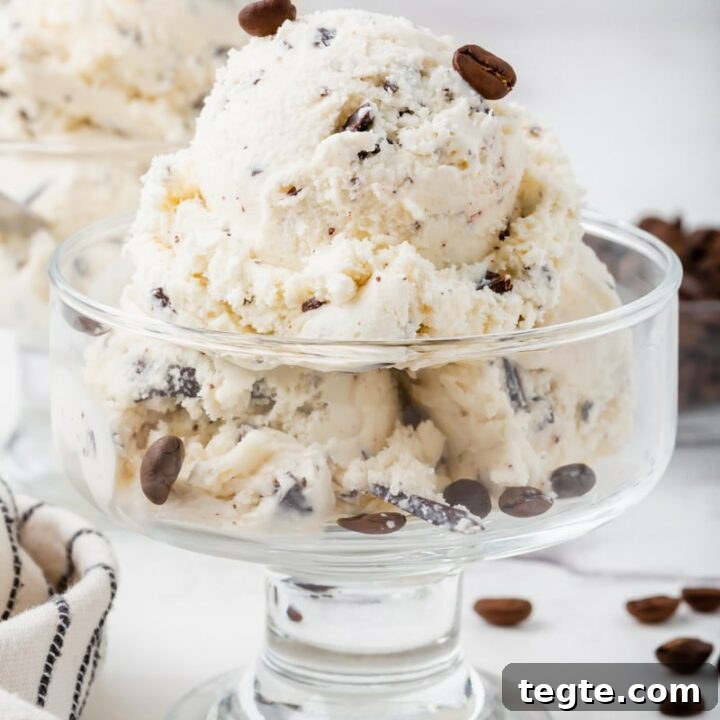a glass ice cream dish filled with java chip ice cream, topped with coffee beans