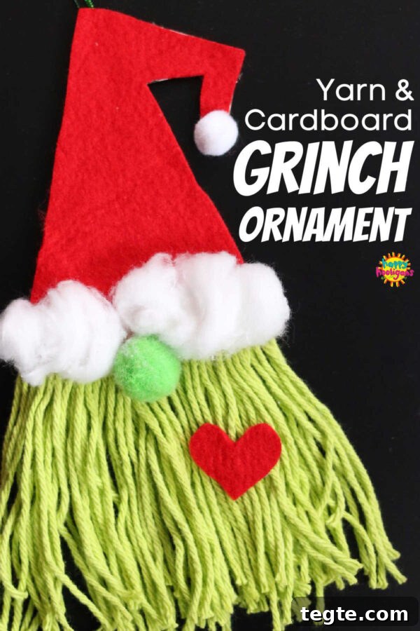 Grinch Gnome Ornament Made with Yarn and Cardboard 2 Grinch Gnome - felt hat with cotton ball trim, green yarn beard with red felt heart