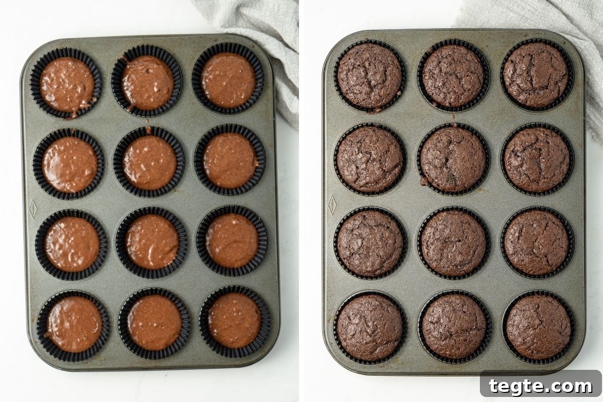 Uncooked chocolate cupcake batter in a muffin tray and cooked cupcakes straight from the oven.
