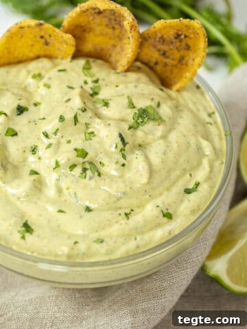 avocado lime crema in a glass bowl with limes and cilantro on side and chips in the crema.