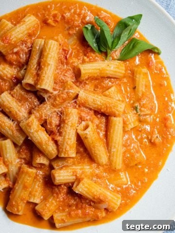 creamy red pepper sauce over rigatoni