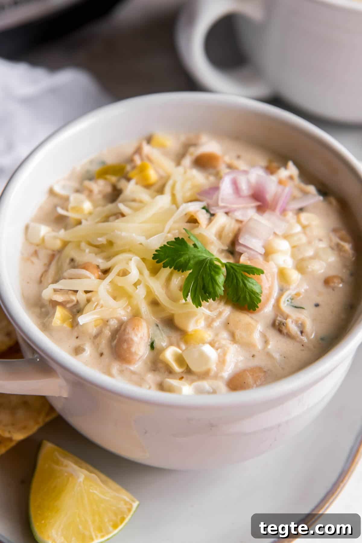 Creamy Crockpot Cream Cheese Chicken Chili Recipe 2 Crockpot Cream Cheese Chicken Chili in a bowl with cheese on top and chopped cilantro.
