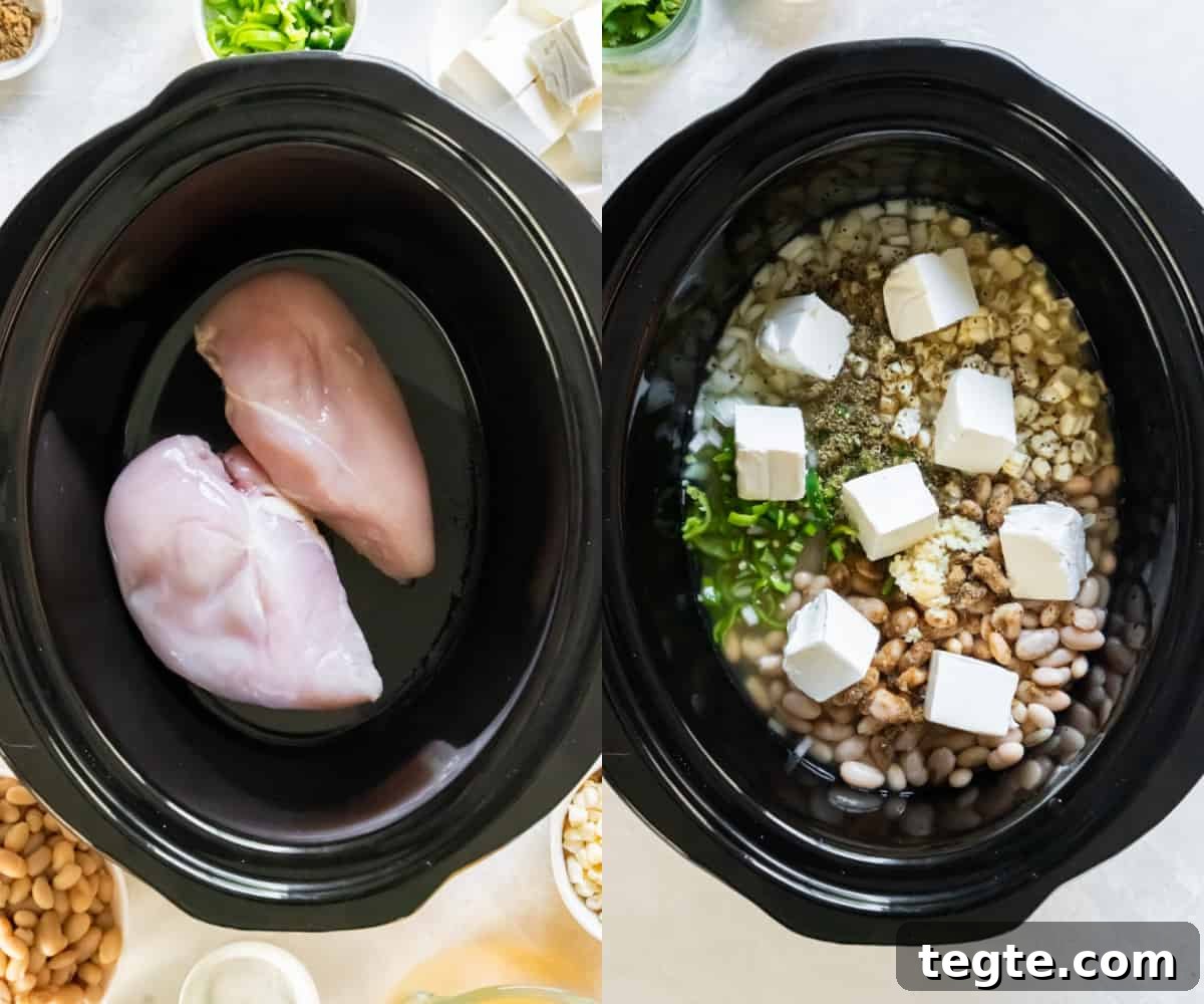 Creamy Crockpot Cream Cheese Chicken Chili Recipe 4 Chicken placed in a crockpot and then topped with chicken broth, beans, corn kernels, onion, jalapeno, garlic, cumin, oregano, salt, pepper and cream cheese.