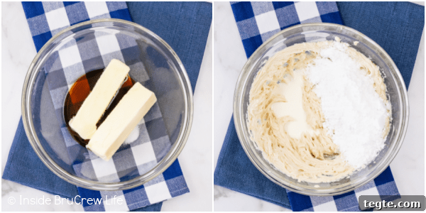 Two pictures collaged together showing how to make vanilla frosting.