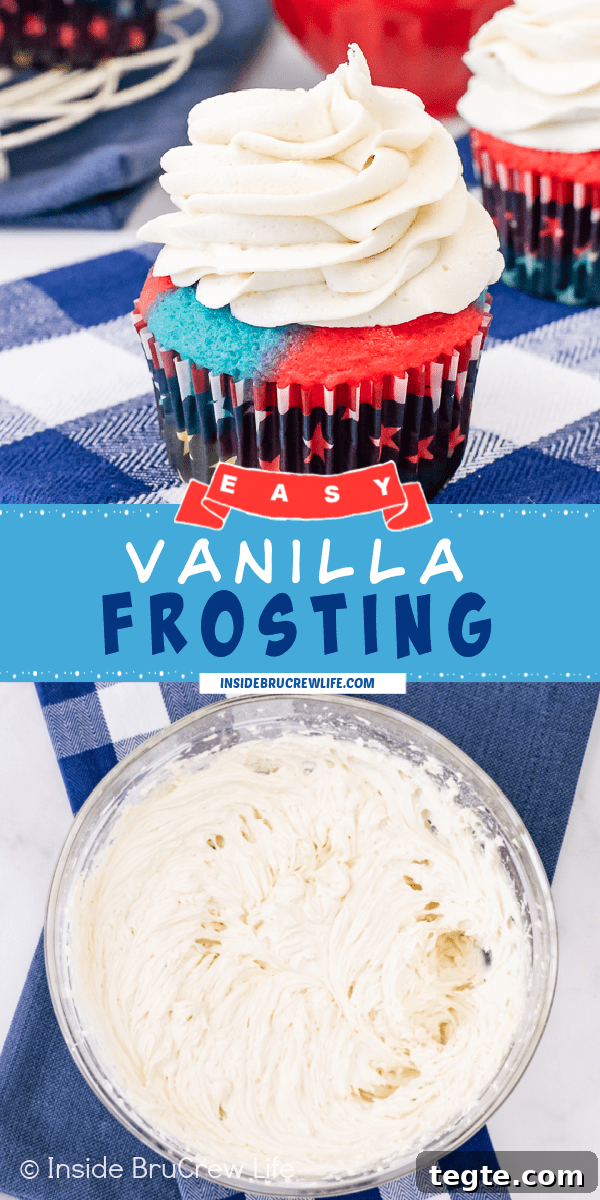 Two pictures of vanilla frosting collaged together with a blue text box.