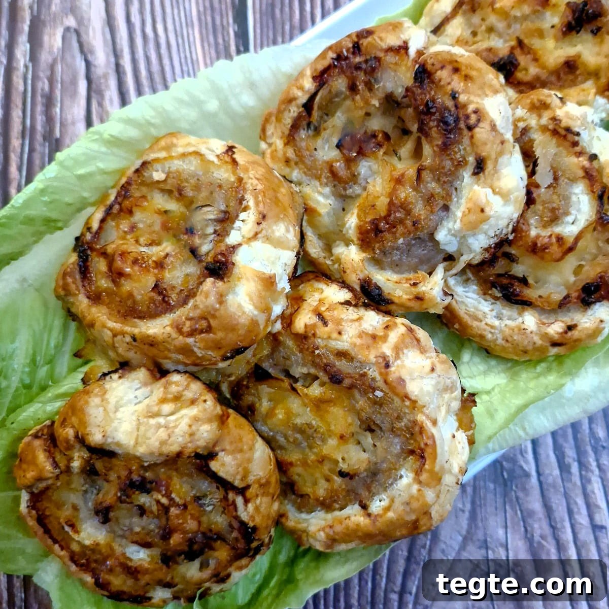Savory Sausage and Caramelized Onion Pinwheel Appetizers 2 A pile of sausage and onion pinwheels on a bed of lettuce leaves.