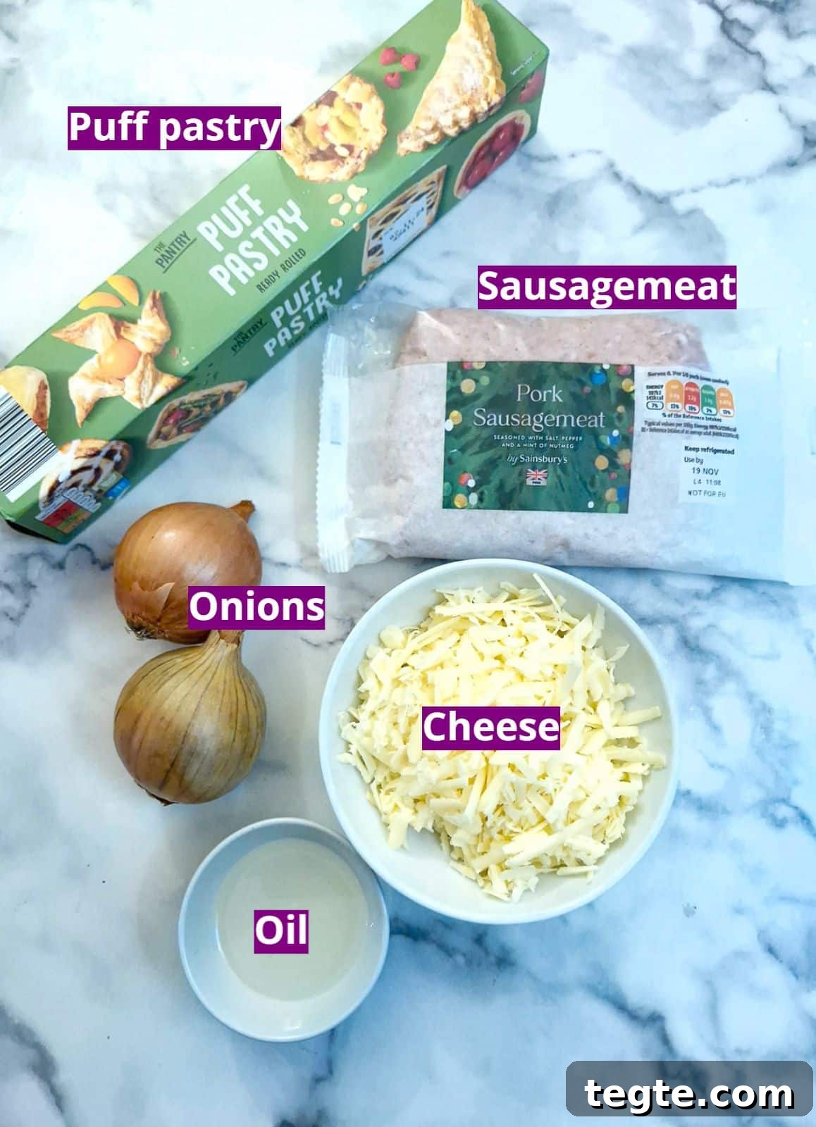 Savory Sausage and Caramelized Onion Pinwheel Appetizers 4 Ingredients needed for sausage and onion pinwheels.