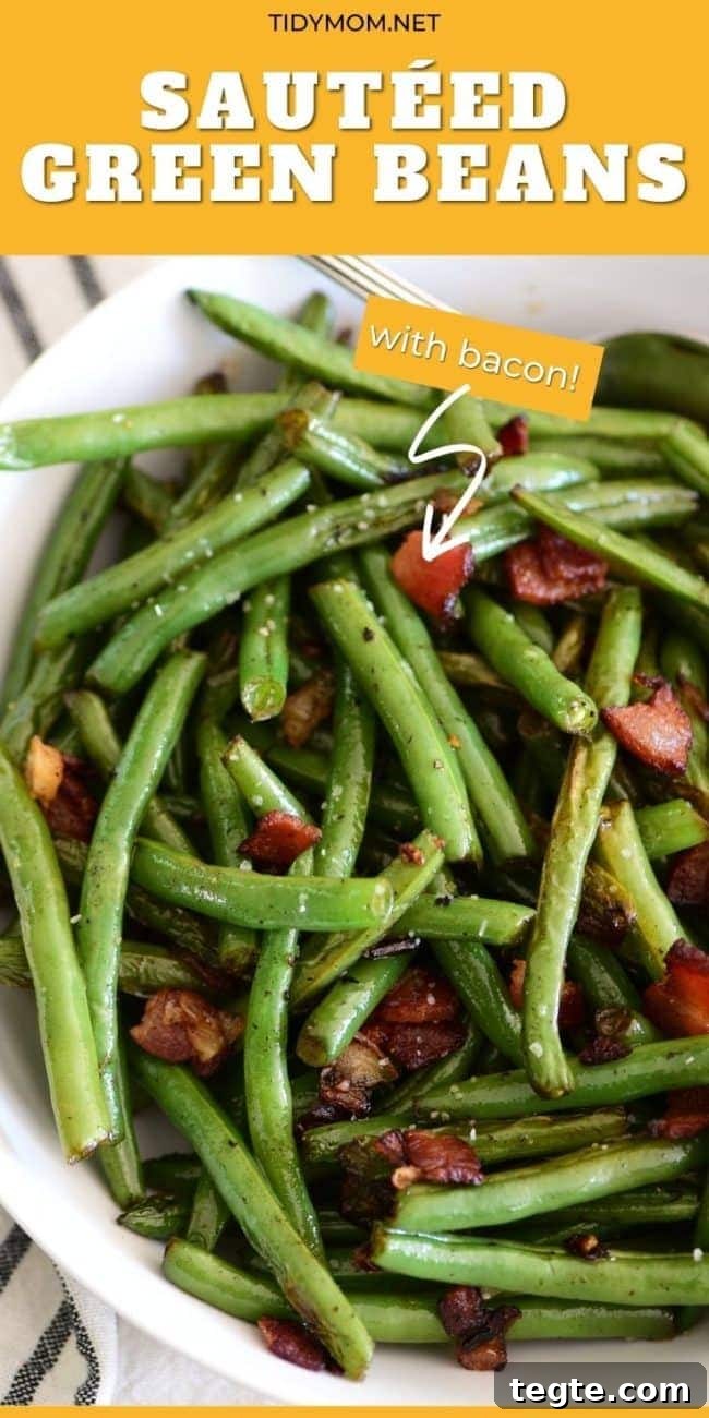 Sautéed Green Beans with Bacon — Quick Skillet Recipe (Video) 11 green beans with bacon in a white bowl