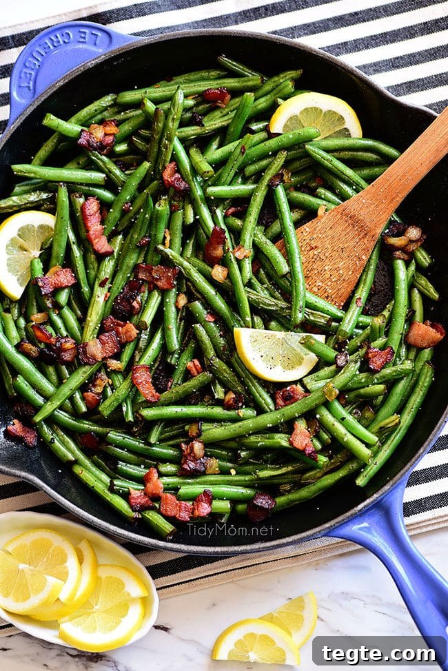 Sautéed Green Beans with Bacon — Quick Skillet Recipe (Video) 3 Sautéed Green Beans with bacon in a blue skillet