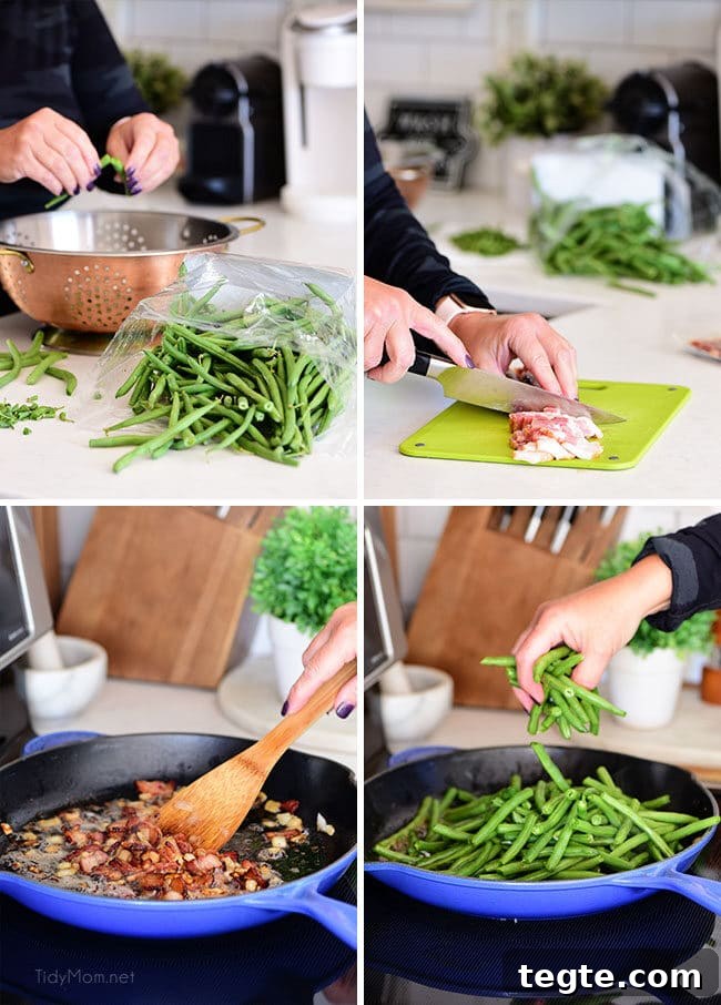 Sautéed Green Beans with Bacon — Quick Skillet Recipe (Video) 4 making Sautéed Green Beans with bacon