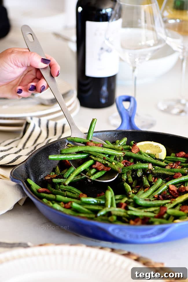 Sautéed Green Beans with Bacon — Quick Skillet Recipe (Video) 6 Sautéed Green Beans with bacon in a skillet
