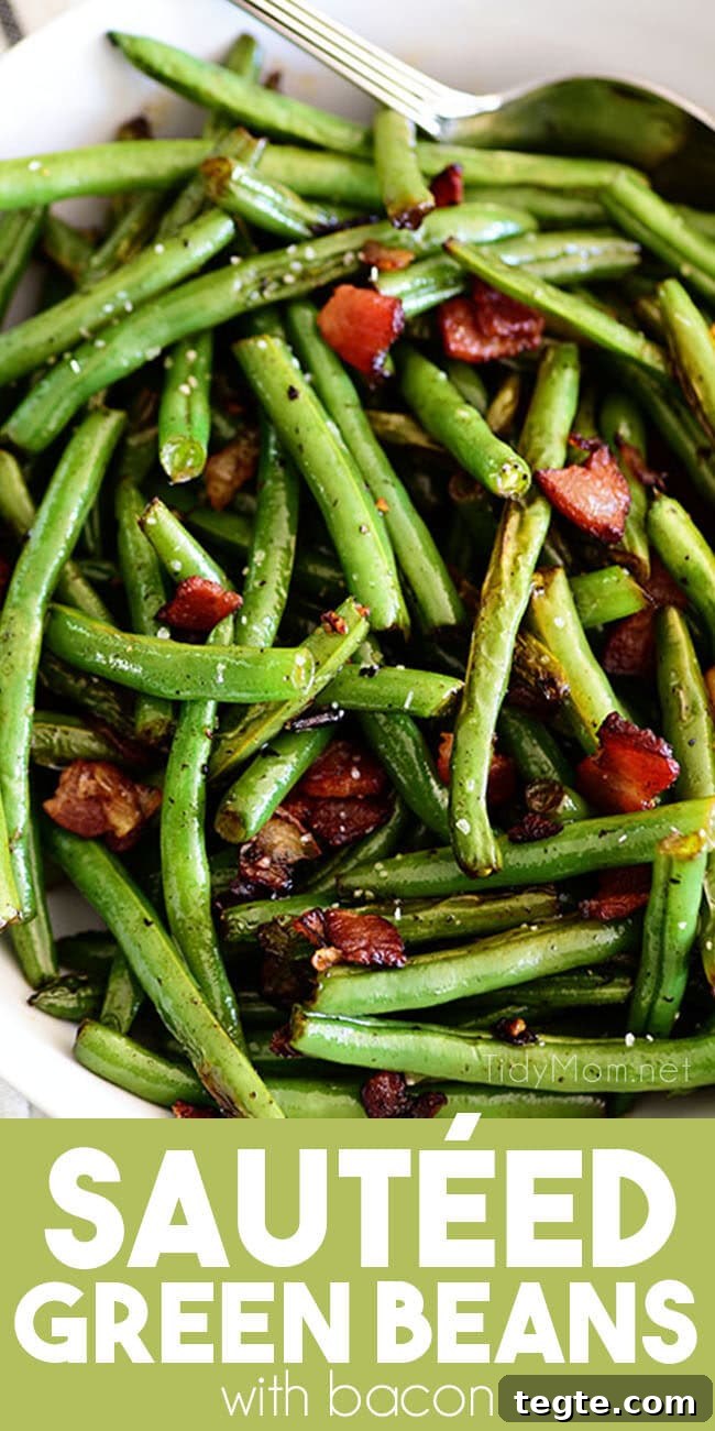 Sautéed Green Beans close up of Sautéed green beans with bacon