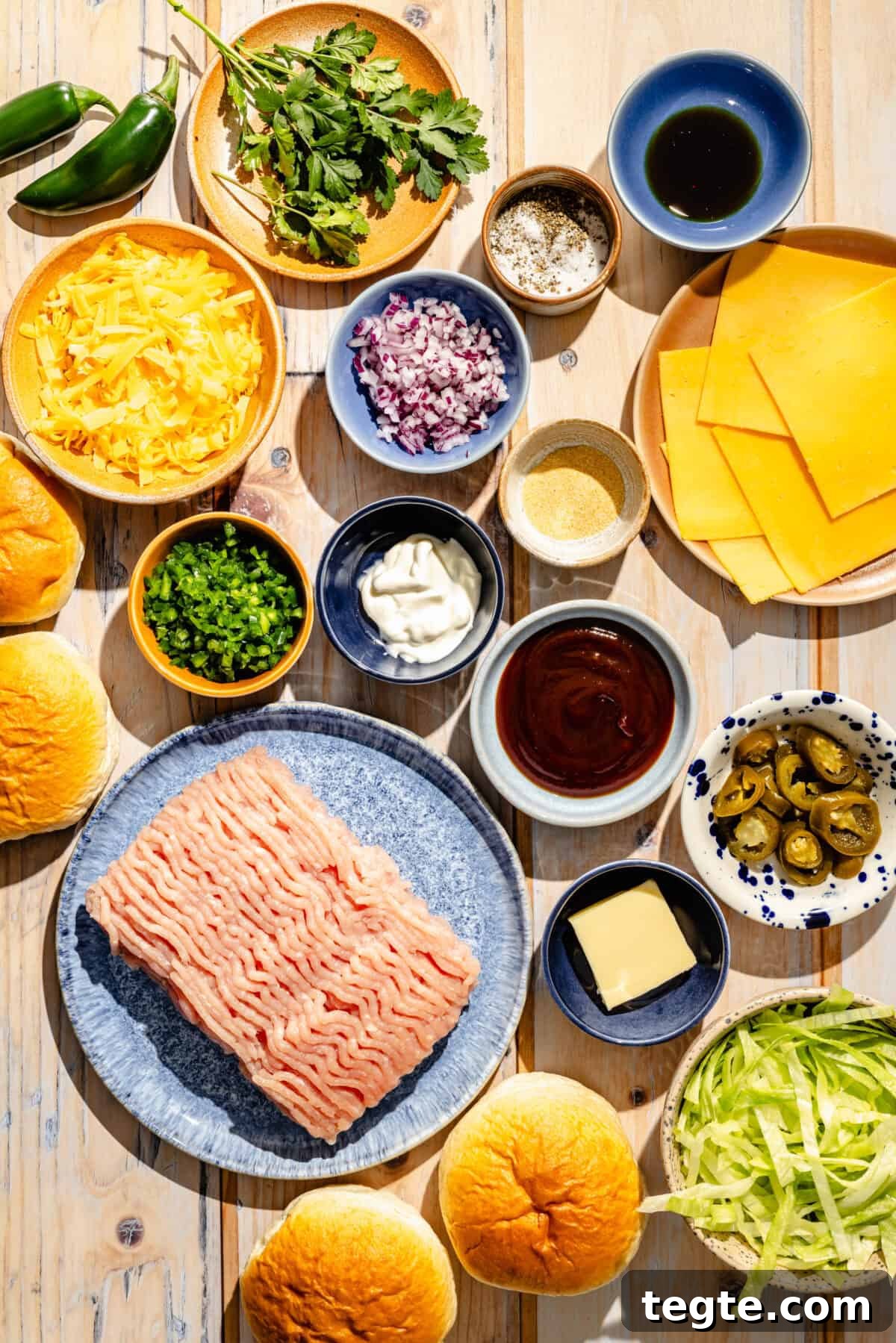 a flat lay of ingredients needed to make jalapeno cheddar turkey burgers