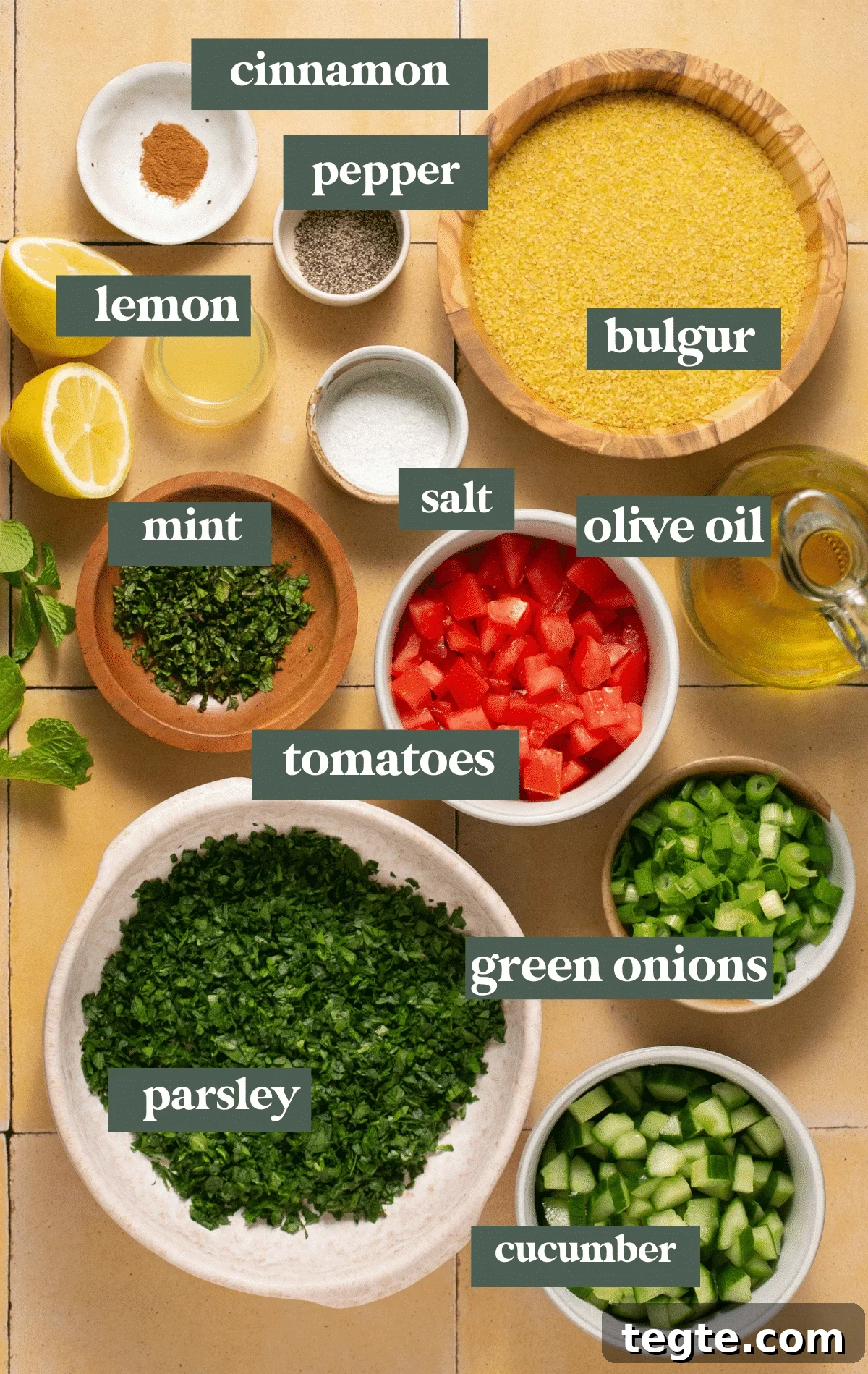 ingredients for salad in small glass bowls. 
