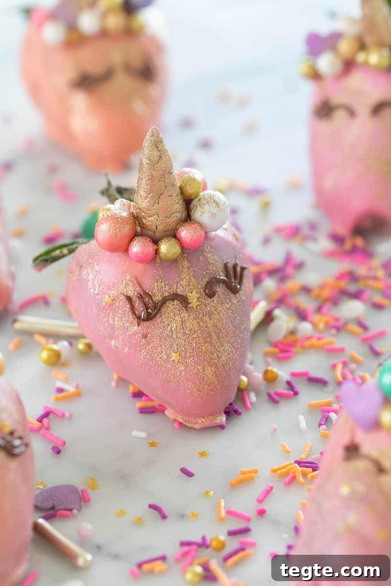 Strawberry Dessert Ideas for Entertaining Guests 9 Strawberry unicorns dipped in pink candy melts and gold glitter