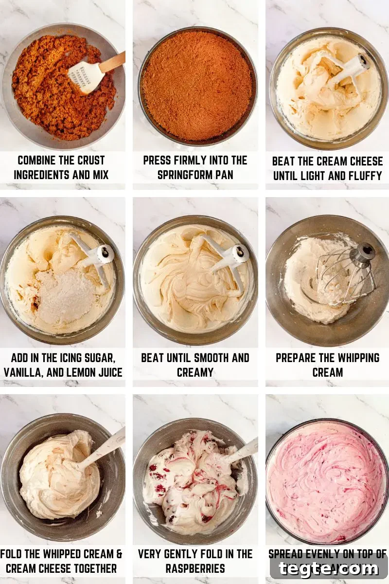 Gluten-Free Vegan Raspberry Cheesecake Recipe 5 A white and light pink raspberry no-bake cheesecake topped with bright red raspberry sauce and a border of bright white whipped cream. There are fresh red raspberries on the whipped cream and a few green raspberry leaves.