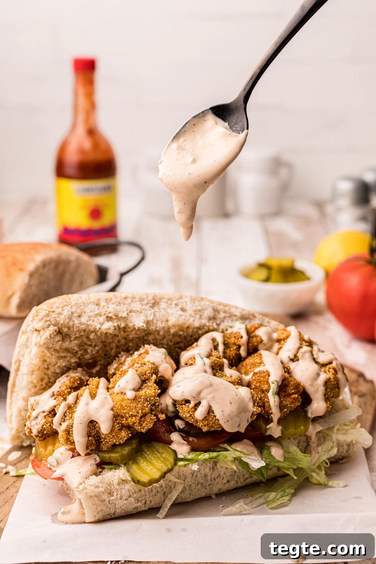 Crispy Oyster Po'Boy Sandwich Recipe for Classic New Orleans Flavor 2 a fried oyster po'boy with remoulade sauce being drizzled onto it from above with some hot sauce in the background