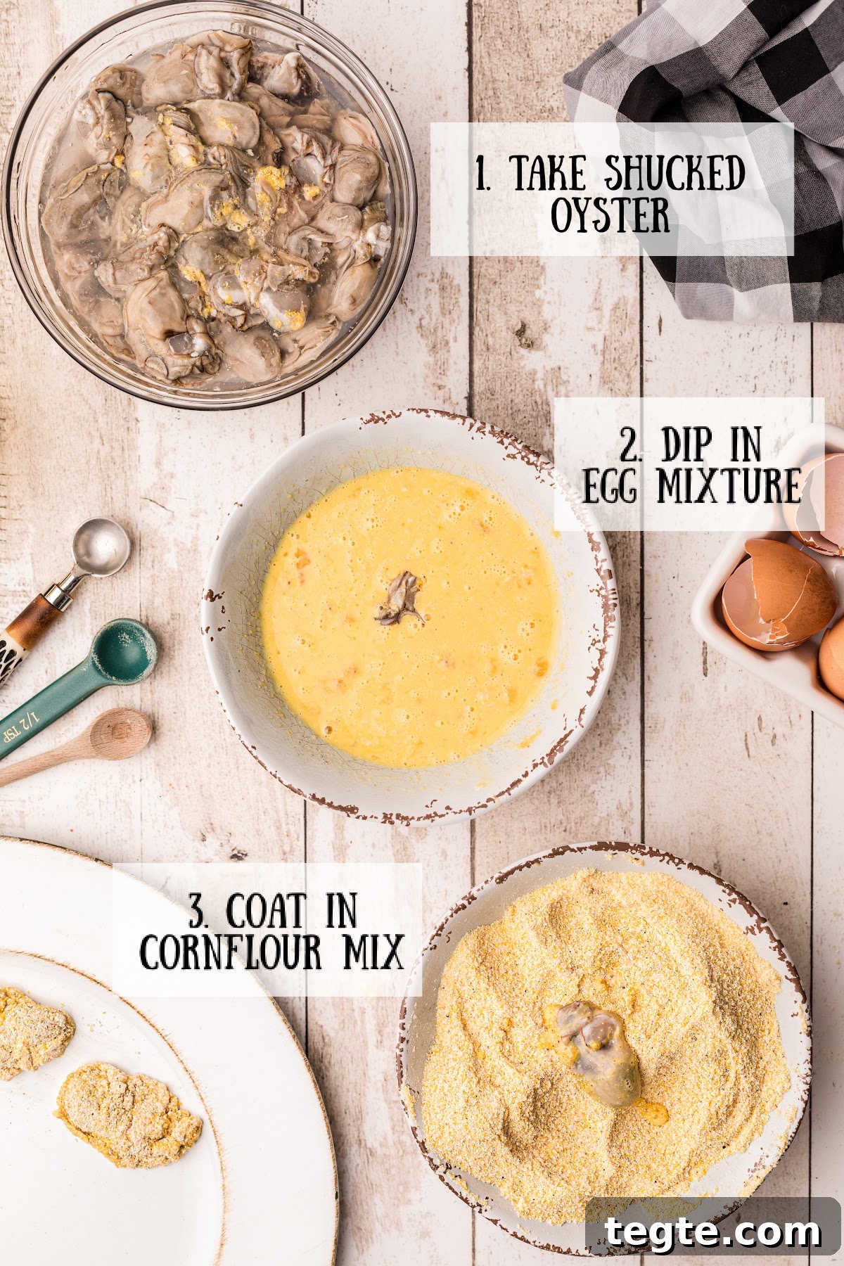 Crispy Oyster Po'Boy Sandwich Recipe for Classic New Orleans Flavor 5 ingredients in bowls for coating oysters for a fried oyster po boy