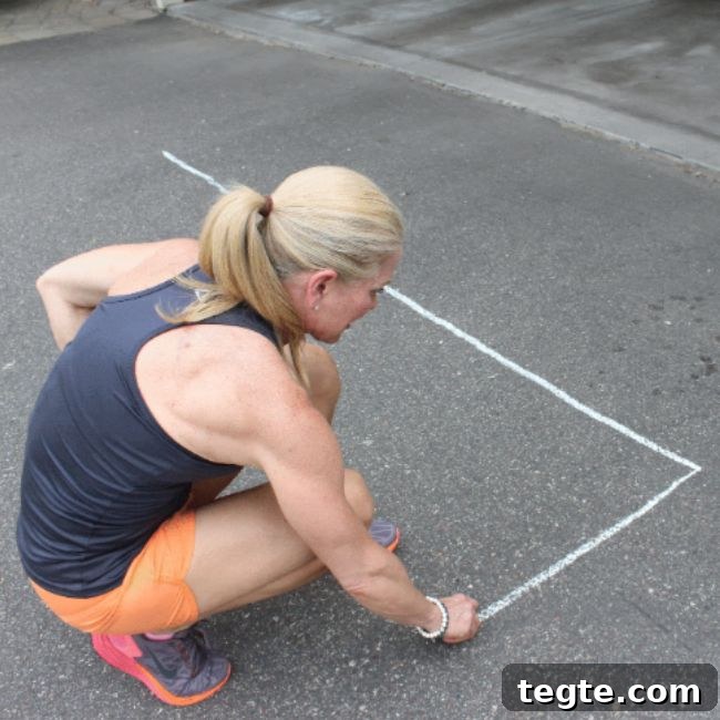 Outdoor Driveway Cardio and Strength Circuit for Women 2 Person drawing a shape on pavement with chalk.