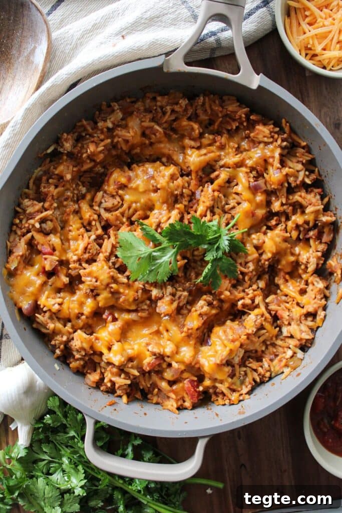 Cheesy Taco Rice Skillet — One-Pan Weeknight Dinner 2 Cheesy taco rice in a skillet garnished with cilantro.