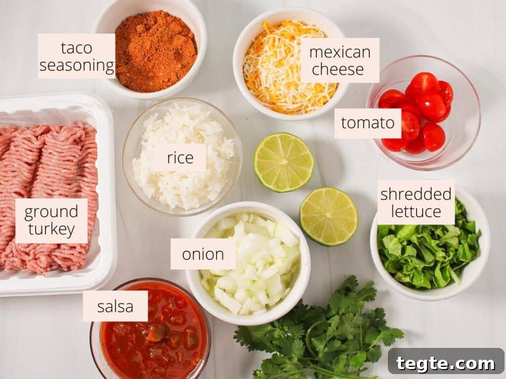 Cheesy Taco Rice Skillet — One-Pan Weeknight Dinner 3 Ingredients for cheesy taco rice laid out on a white countertop in bowls and laid out on a