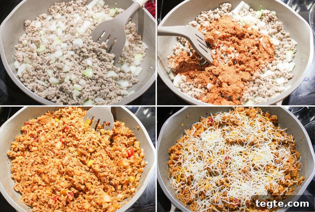 Cheesy Taco Rice Skillet — One-Pan Weeknight Dinner 4 Four photos in a grid style depicting the four steps of making a cheesy taco skillet: browning the meat, adding garlic and onions, adding taco seasoning, and then adding rice and cheese.