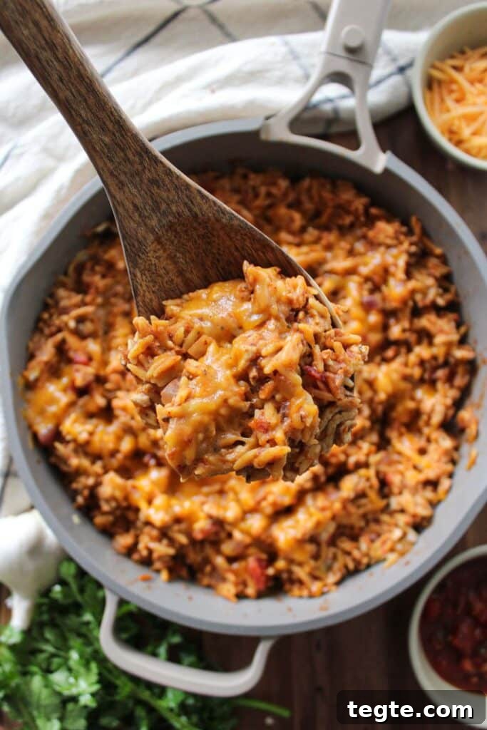 Cheesy Taco Rice Skillet — One-Pan Weeknight Dinner 6 An overhead shot of a spoonful of cheesy taco rice over the skillet.