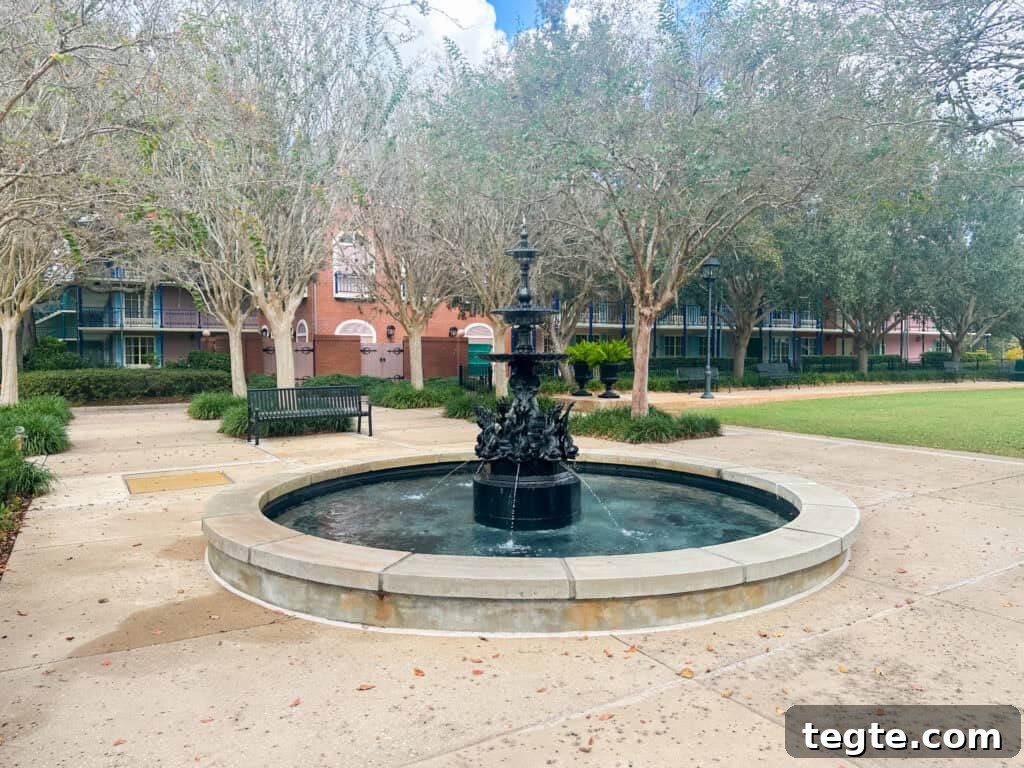 Disney’s Port Orleans Resort French Quarter: Guide, Rooms & Tips 4 fountain at Port Orleans French Quarter.