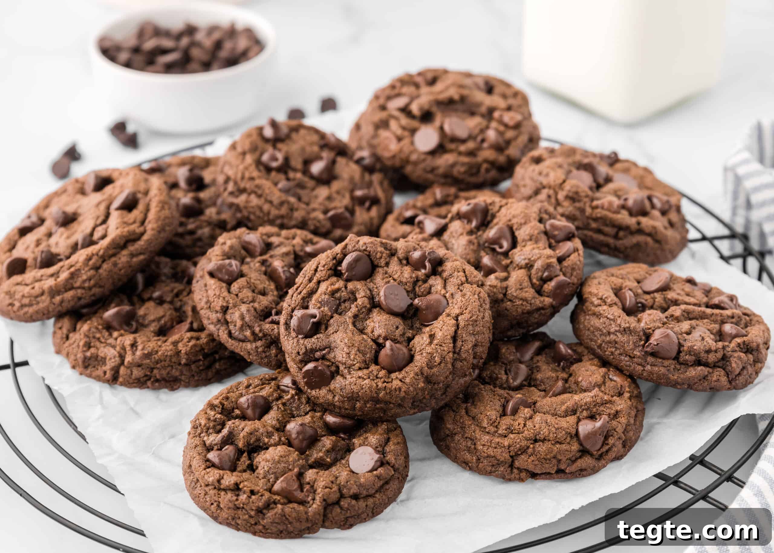 Ultimate Double Chocolate Cookies Recipe: Moist, Fudgy Bites 8 Double chocolate chip cookies on a wire rack.