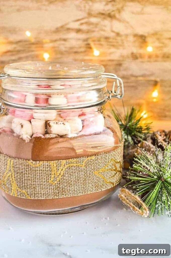 How to Make Spiced Hot Chocolate Mix for Cozy Winter Drinks 2 Pickling jar filled with brown posder and marshmallows witth pine leaves beside it and lights in the background