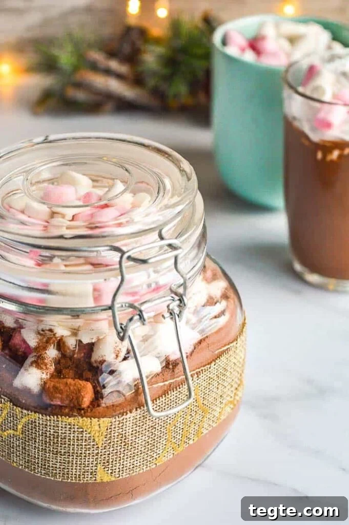 How to Make Spiced Hot Chocolate Mix for Cozy Winter Drinks 3 pickling jar filled with brown powder and marshamallows with two cups in the background