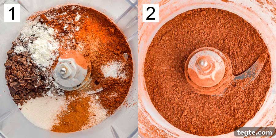 How to Make Spiced Hot Chocolate Mix for Cozy Winter Drinks 5 Food processor bowl with chocolate and spices and sugar in first photo and hot chocolate mix in second