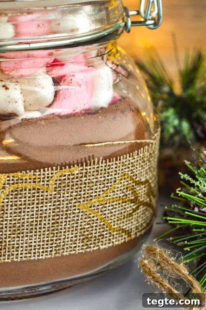 How to Make Spiced Hot Chocolate Mix for Cozy Winter Drinks 7 close up of a pickling jar filled with brown powder topped with pink and white marshamallows