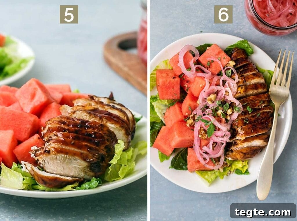 Balsamic Chicken with Watermelon Salad Recipe for Summer 8 Step 5 shows adding sliced balsamic chicken, and step 6 shows adding the walnuts, mint, and marinated red onions.