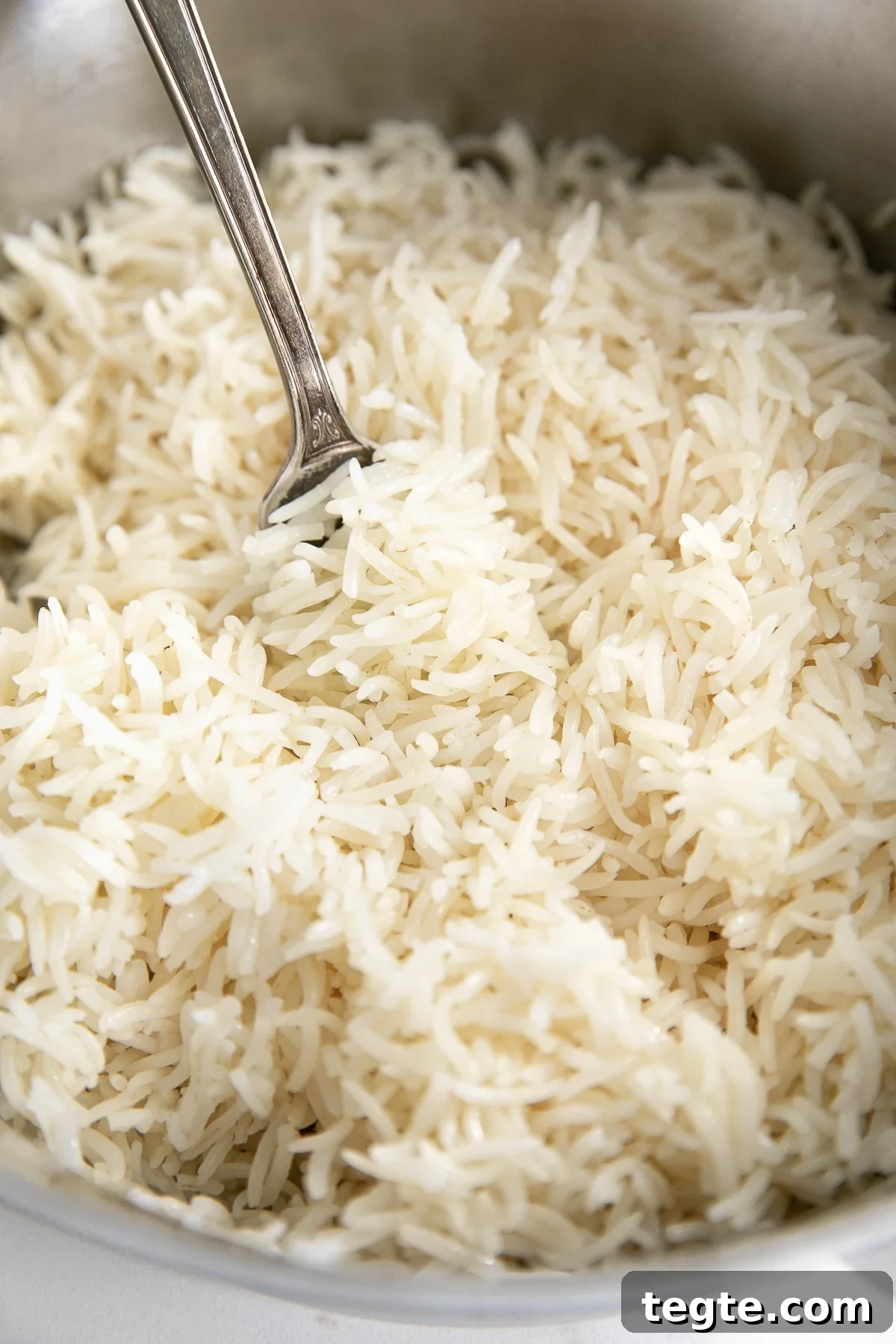 Perfect Basmati Rice on the Stove: Fluffy, No Rice Cooker Needed 8 Close up of the individual grains of perfectly cooked basmati rice in a small pot.