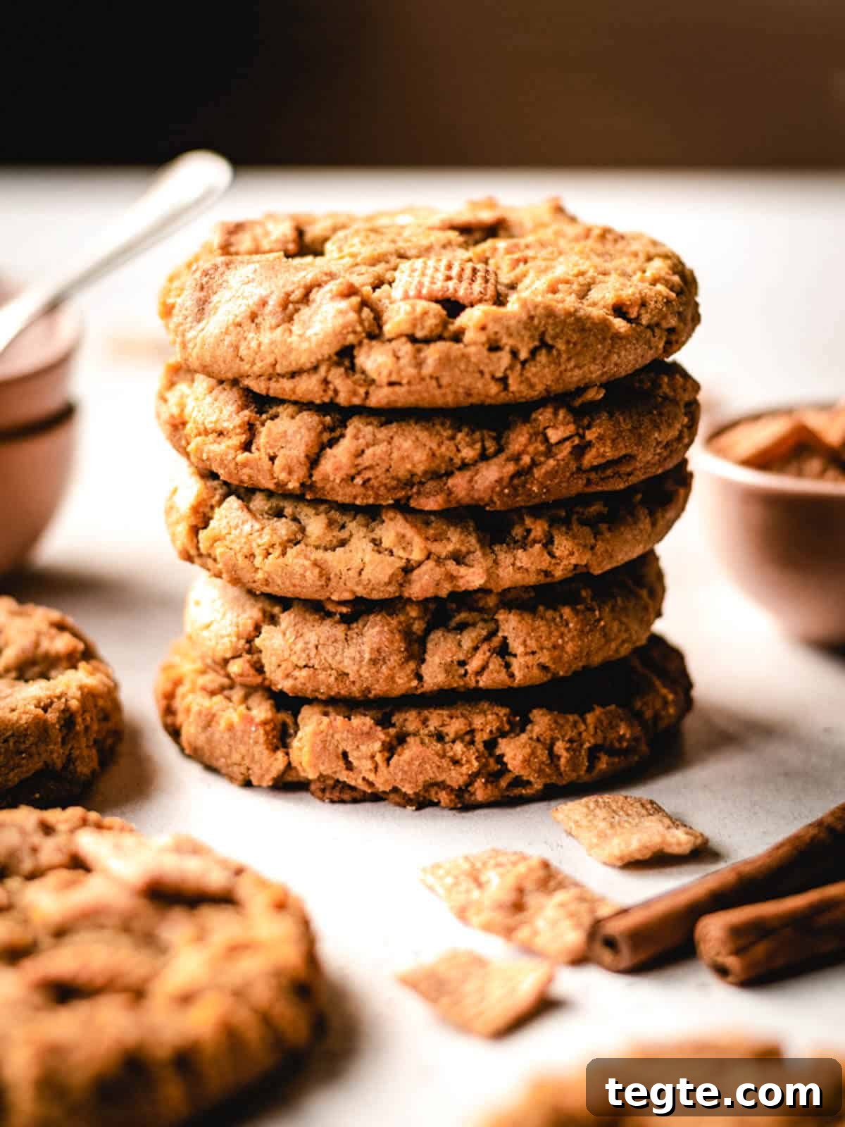 Delicious Cinnamon Toast Crunch cookies in a big stack.