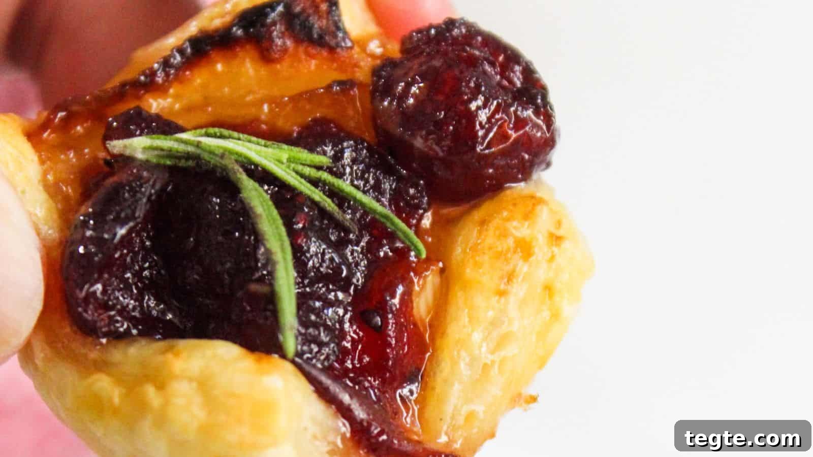 15 Creative Post-Thanksgiving Dinners to Transform Leftovers 6 Close-up of a pastry topped with cranberries and a sprig of rosemary.