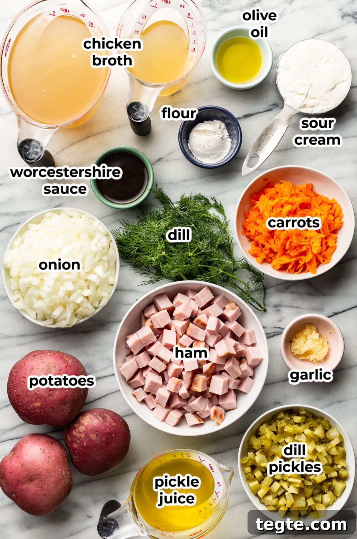 ingredients for dill pickle soup in prep bowls