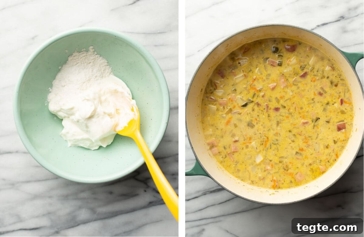 mixing flour and sour cream in a bowl and adding to a pot of dill pickle soup